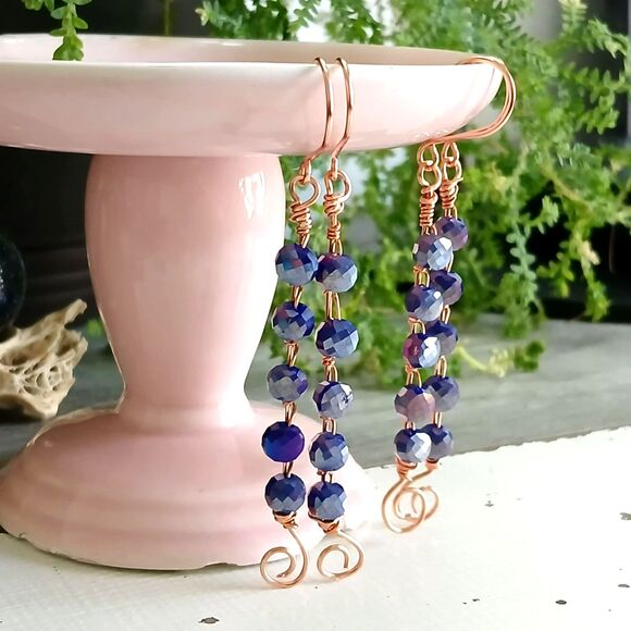 Boho Chic Cobalt Faceted Glass Beaded Dangle Earrings, Statement Earrings, 3" - Picture 4 of 6